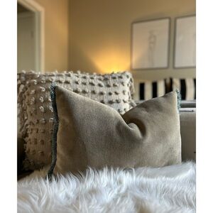 Custom Made 21.5”x14” Taupe Throw Pillows Suede Like Material Blue Fringe Trim